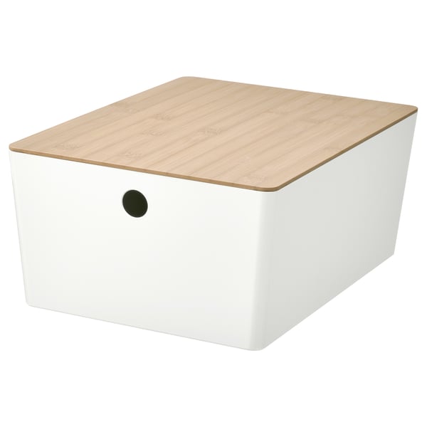 KUGGIS Boîte avec couvercle, blanc/bambou, 26x35x15 cm