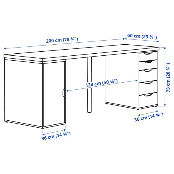 LAGKAPTEN / ALEX Bureau, teinté blanc/motif chêne blanc, 200x60 cm