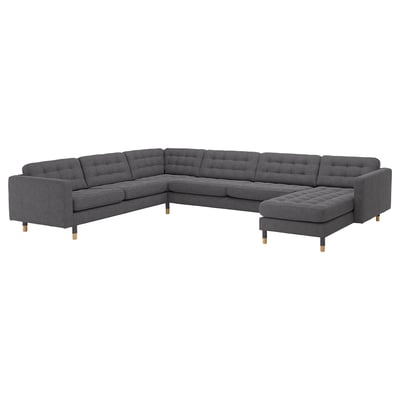 LANDSKRONA Canapé d'angle, 6 places, avec méridienne/Gunnared gris foncé/bois