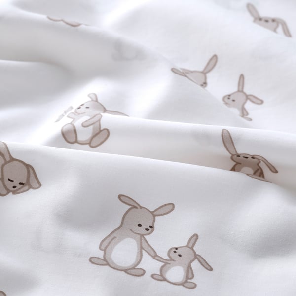 LEN Housse couette+1 taie pour lit bébé, blanc beige/motif lapin, 110x125/35x55 cm
