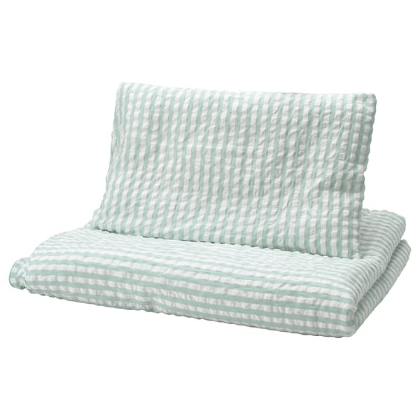 LEN Housse couette+1 taie pour lit bébé, blanc bleu/motif rayé gaufré, 110x125/35x55 cm