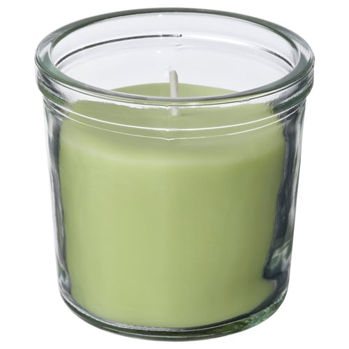 LÖVSKOGSLUND Bougie parfumée dans verre, pomme/vert clair, 20 hr