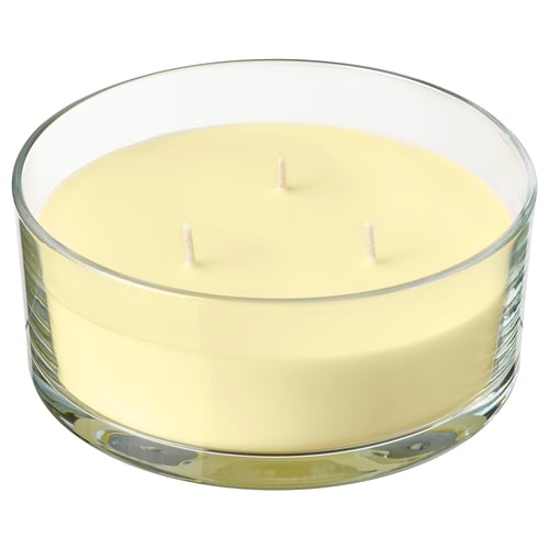 LOTSFÅGEL Bougie parf 3 mèches ds verre, fleur de citronnier jaune clair, 25 hr