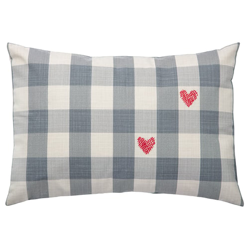MÄVINN Housse de coussin, carreaux gris/coeur rouge, 40x58 cm