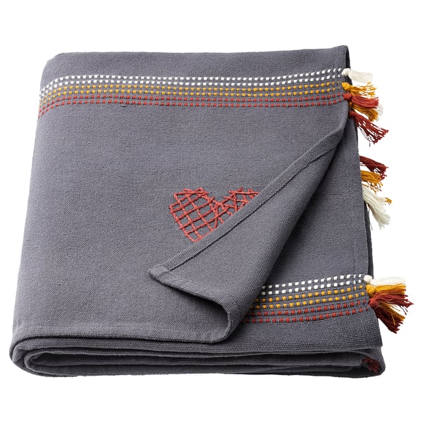 MÄVINN Plaid, gris rouge/broderie pompon, 110x170 cm