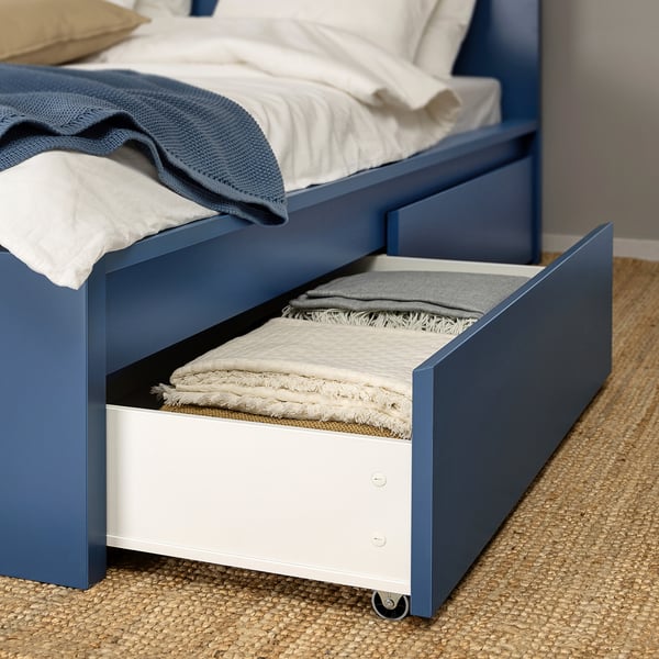 MALM Cadre de lit, haut, 2 rangements, bleu, 160x200 cm