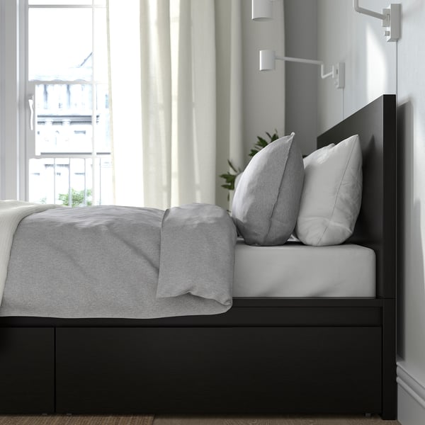 MALM Cadre de lit, haut, 2 rangements, brun noir/Lindbåden, 140x200 cm