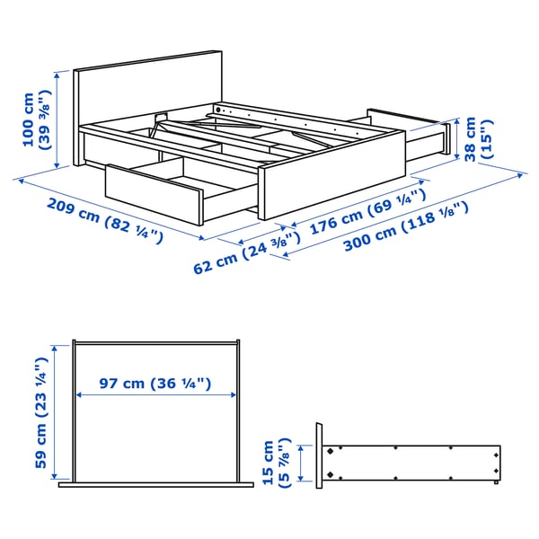 MALM Cadre lit, haut+4rgt, bleu, 160x200 cm