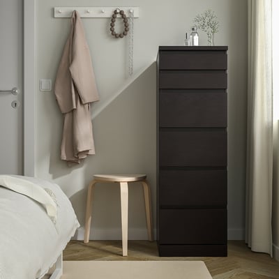 MALM Commode 6 tiroirs, brun noir/miroir, 40x123 cm