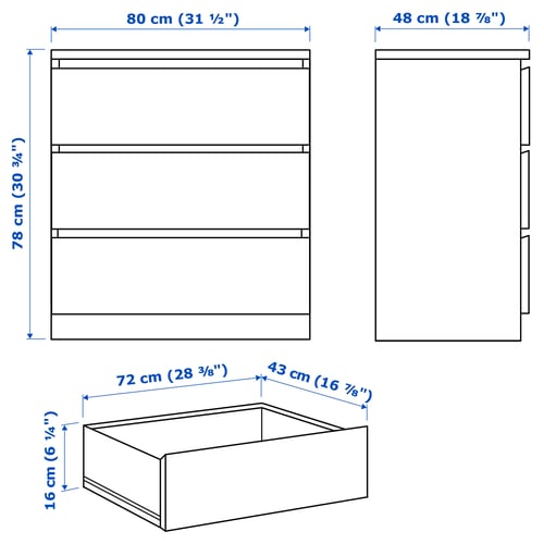MALM Mobilier chambre, lot de 3, blanc