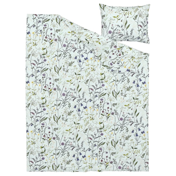 MATTOXBÄR Housse de couette et 1 taie, bleu pâle/motif floral, 150x200/50x60 cm