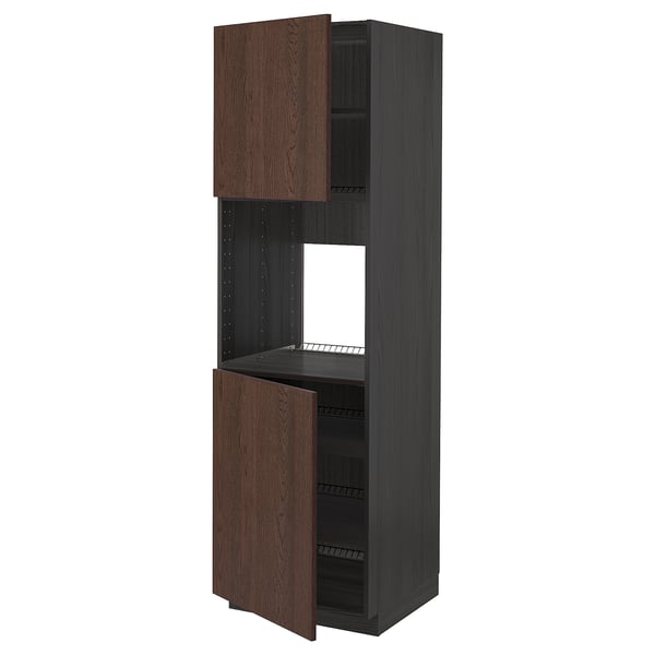METOD Armoire four + 2 portes/tablette, noir/Sinarp brun, 60x60x200 cm