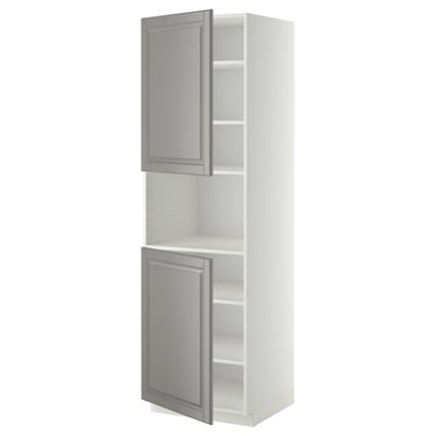 METOD Armoire micro-ondes+2ptes/tablette, blanc/Bodbyn gris, 60x60x200 cm