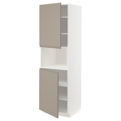 METOD Armoire micro-ondes+2ptes/tablette, blanc/Upplöv beige foncé mat, 60x60x200 cm