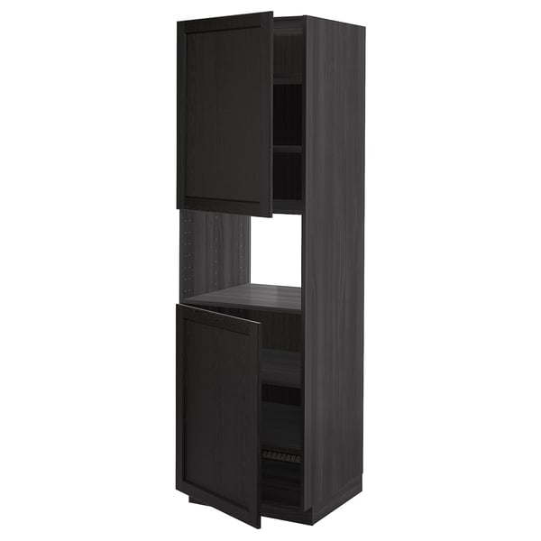 METOD Armoire micro-ondes+2ptes/tablette, noir/Lerhyttan teinté noir, 60x60x200 cm