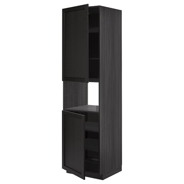 METOD Armoire micro-ondes+2ptes/tablette, noir/Lerhyttan teinté noir, 60x60x220 cm
