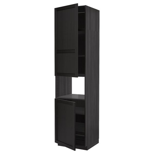 METOD Armoire micro-ondes+2ptes/tablette, noir/Lerhyttan teinté noir, 60x60x240 cm