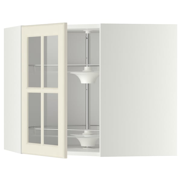 METOD Élément angl mur+rangt piv/pte vitr, blanc/Bodbyn blanc cassé, 68x60 cm