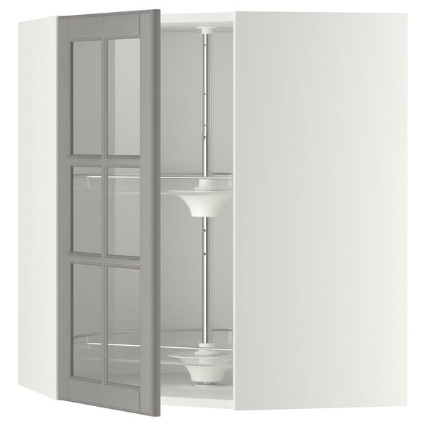 METOD Élément angl mur+rangt piv/pte vitr, blanc/Bodbyn gris, 68x80 cm
