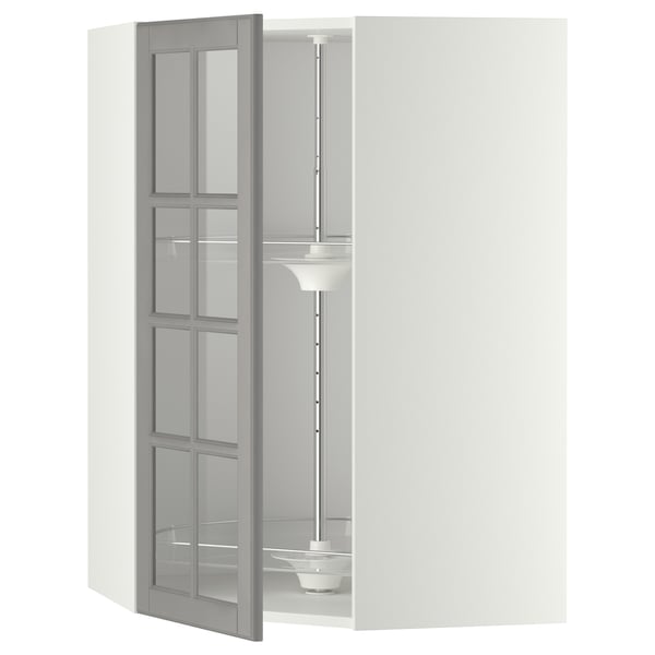 METOD Élément angl mur+rangt piv/pte vitr, blanc/Bodbyn gris, 68x100 cm