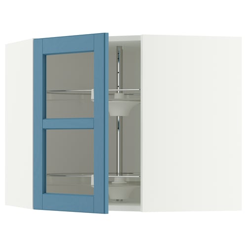 METOD Élément angl mur+rangt piv/pte vitr, blanc/Lerhyttan bleu, 68x60 cm