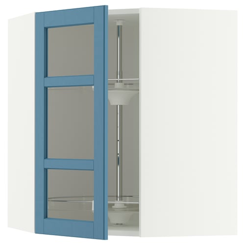 METOD Élément angl mur+rangt piv/pte vitr, blanc/Lerhyttan bleu, 68x80 cm
