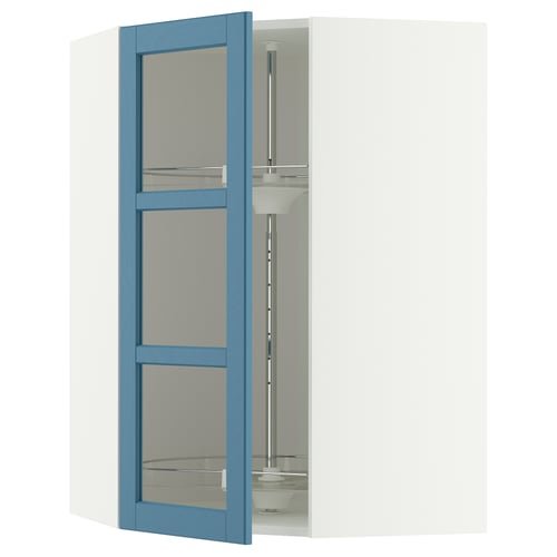 METOD Élément angl mur+rangt piv/pte vitr, blanc/Lerhyttan bleu, 68x100 cm
