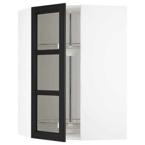 METOD Élément angl mur+rangt piv/pte vitr, blanc/Lerhyttan teinté noir, 68x100 cm