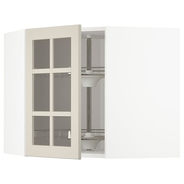 METOD Élément angl mur+rangt piv/pte vitr, blanc/Stensund beige, 68x60 cm