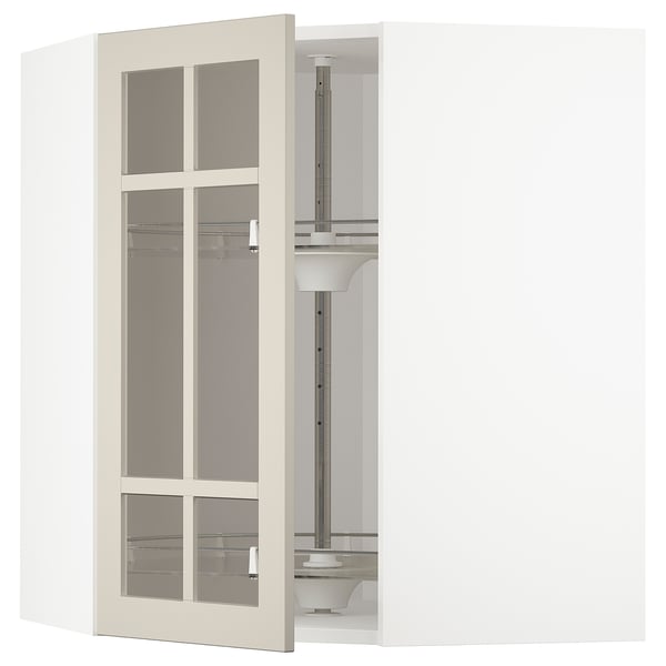 METOD Élément angl mur+rangt piv/pte vitr, blanc/Stensund beige, 68x80 cm
