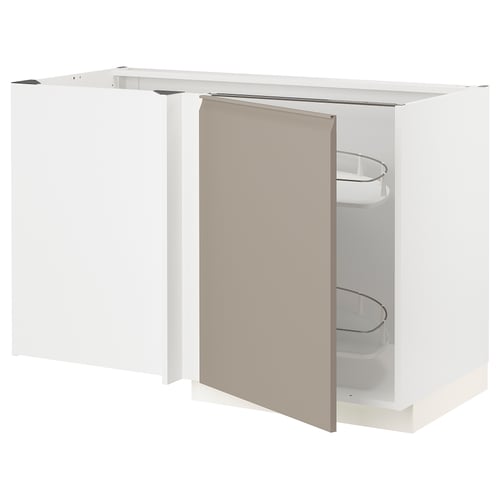 METOD Élément bas angle+aménagement couli, blanc/Upplöv beige foncé mat, 128x68 cm