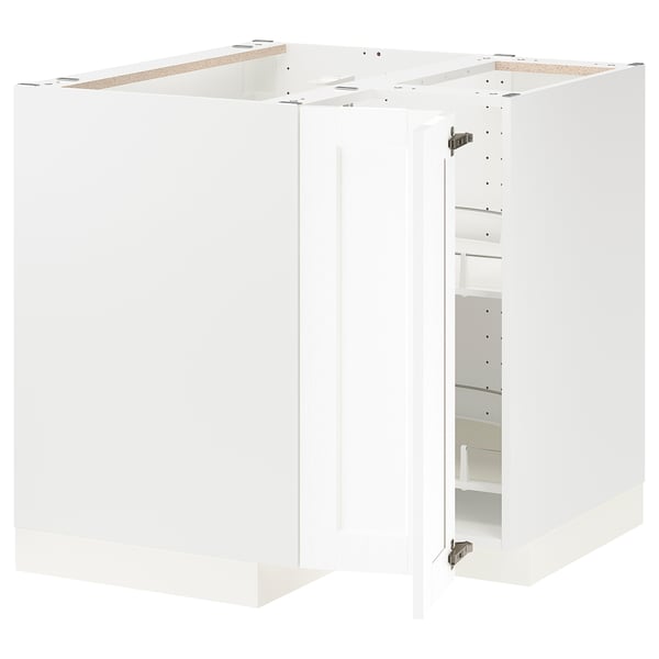 METOD Élément bas angle+rgt pivotant, blanc Enköping/blanc effet bois, 88x88 cm
