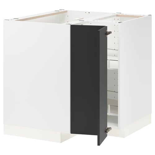 METOD Élément bas angle+rgt pivotant, blanc/Nickebo anthracite mat, 88x88 cm