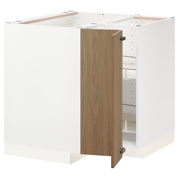 METOD Élément bas angle+rgt pivotant, blanc/Tistorp effet noyer foncé, 88x88 cm