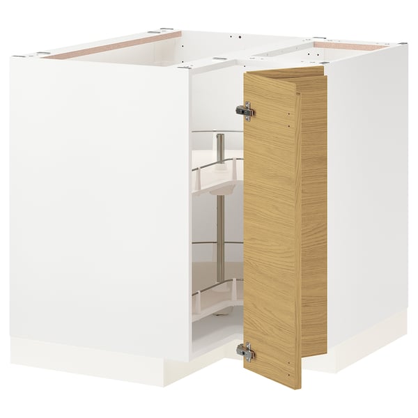 METOD Élément bas angle+rgt pivotant, blanc/Voxtorp motif chêne, 88x88 cm