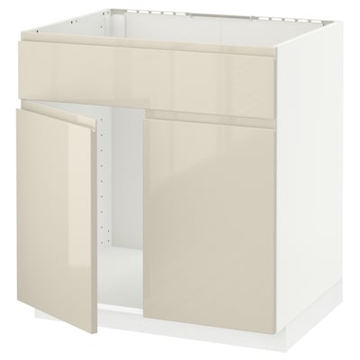 METOD Élément bas évier 2portes/face, blanc/Voxtorp beige clair brillant, 80x60 cm