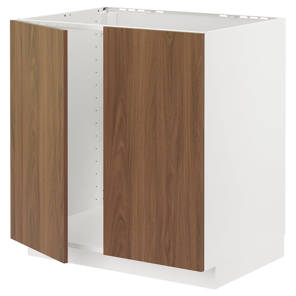 METOD Élément évier 2 portes, blanc/Tistorp effet noyer foncé, 80x60 cm