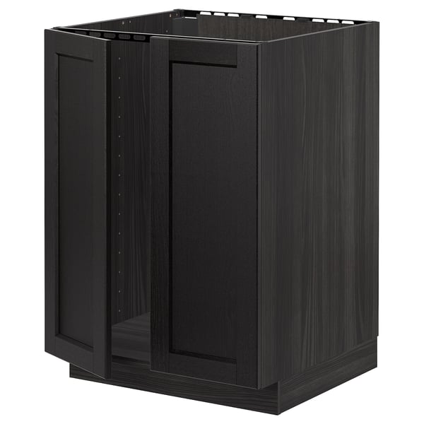 METOD Élément évier 2 portes, noir/Lerhyttan teinté noir, 60x60 cm
