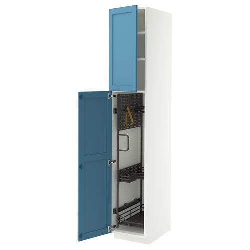 METOD Élément haut + rangements prod entr, blanc/Lerhyttan bleu, 40x60x220 cm