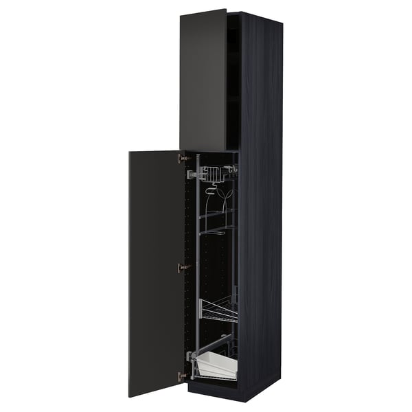 METOD Élément haut + rangements prod entr, noir/Nickebo anthracite mat, 40x60x220 cm