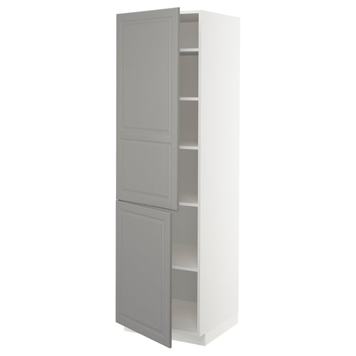 METOD Élément haut tablettes/2portes, blanc/Bodbyn gris, 60x60x200 cm