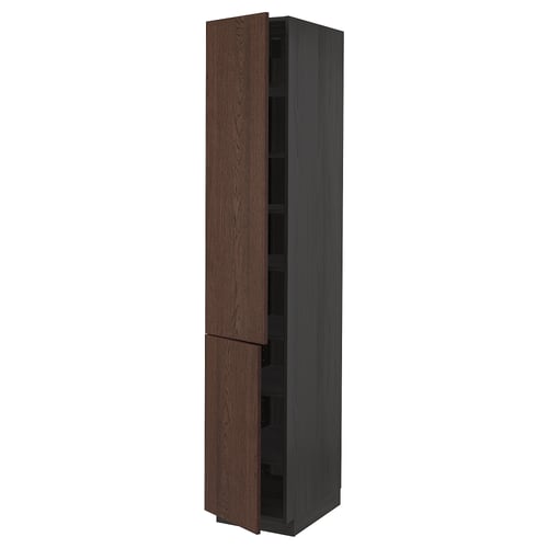 METOD Élément haut tablettes/2portes, noir/Sinarp brun, 40x60x220 cm