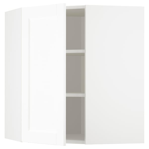 METOD Élément mural angle + tablettes, blanc Enköping/blanc effet bois, 68x80 cm