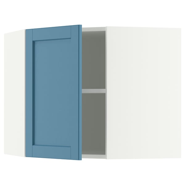 METOD Élément mural angle + tablettes, blanc/Lerhyttan bleu, 68x60 cm