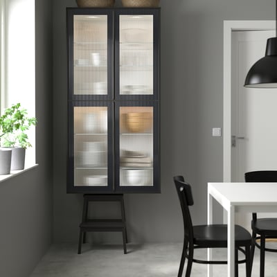 METOD Élément mural horizontal 2ptes vitr, noir/Hejsta verre cannelé anthracite, 60x80 cm