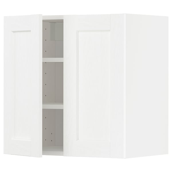 METOD Élément mural tablettes/2portes, blanc Enköping/blanc effet bois, 60x60 cm