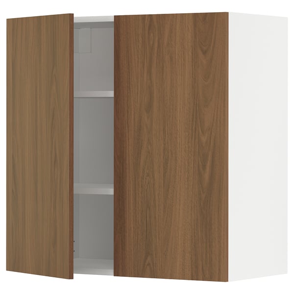 METOD Élément mural tablettes/2portes, blanc/Tistorp effet noyer foncé, 80x80 cm