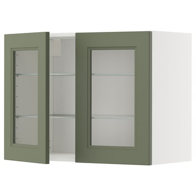 METOD Élément mural+tablettes/2ptes vitr, blanc/Axstad gris vert, 80x60 cm