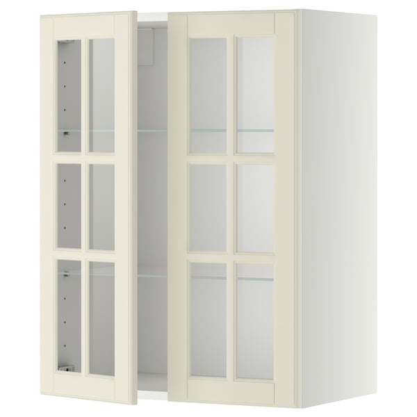 METOD Élément mural+tablettes/2ptes vitr, blanc/Bodbyn blanc cassé, 60x80 cm