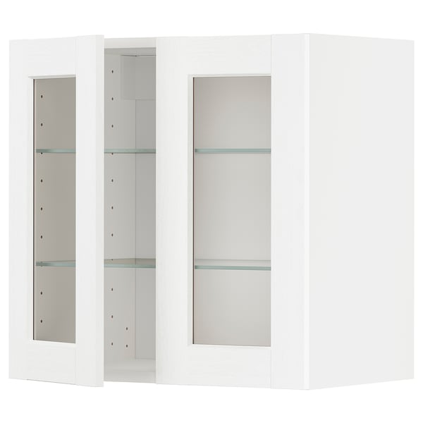 METOD Élément mural+tablettes/2ptes vitr, blanc Enköping/blanc effet bois, 60x60 cm